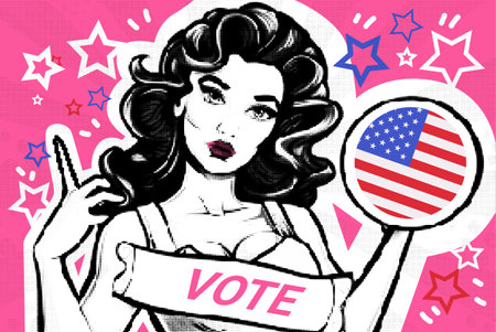 US presidential election pop art woman promoting voting stars USA flag pink backgroundのイラスト素材