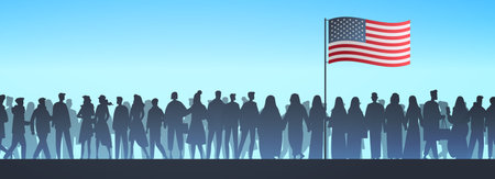 USA presidential election crowd with American flag diverse group of people standing together in silhouette against a blue sky backgroundのイラスト素材
