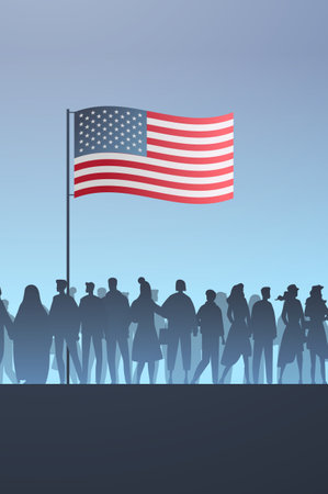 USA presidential election American flag citizens crowd silhouette blue backgroundのイラスト素材