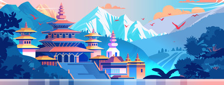 Colorful temple with tiered roofs and domes set against a backdrop of mountains trees and birds in a serene landscapeのイラスト素材
