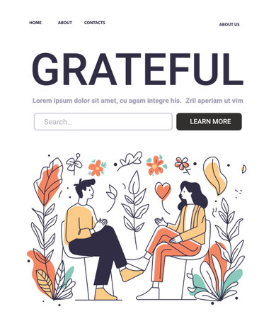 Grateful Mental Health Concept people talking surrounded by flowers and leaves colorful design elements website design bannerのイラスト素材