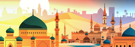 Middle Eastern cityscape mosque domes minarets desert sunset palm trees colorful gradient background...
