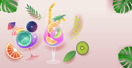 Tropical cocktails with citrus slices and umbrellas surrounded by monstera leaves kiwi slices and palm fronds summer drinks party themeのイラスト素材