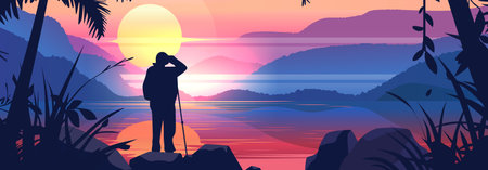 Hiker at sunset overlooking serene lake mountains and palm trees vibrant colors nature scenic landscape digital art bannerのイラスト素材