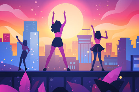 Women dancing on rooftop cityscape sunset vibrant colors silhouettes modern urban skyline colorful backgroundのイラスト素材