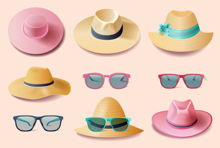 Summer hats and sunglasses collection featuring various styles and colors on a light backgroundのイラスト素材