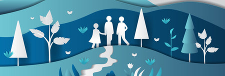 Family walking in nature scene paper cut style illustration with trees plants butterflies and winding path in blue tones website designのイラスト素材