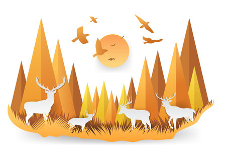 Deer in autumn forest landscape with mountains sun and birds in paper cut styleのイラスト素材