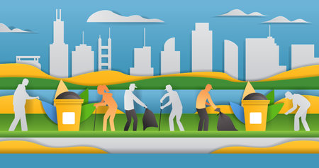 People cleaning city park environment teamwork. Silhouettes of individuals picking up trash with cityscape background colorful landscape and bins. Paper cut styleのイラスト素材