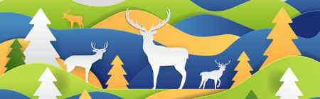 Deer in forest landscape paper cut style nature scene with colorful layered hills trees and deer...