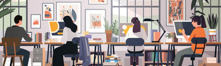 Coworking space modern office people working collaborative environment desks computers plants...