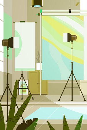 Photography studio interior with lighting equipment backdrop and plants modern professional workspace creative environmentのイラスト素材