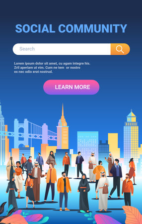 Social community diverse people urban cityscape Various individuals interacting modern city background vibrant colors website designのイラスト素材