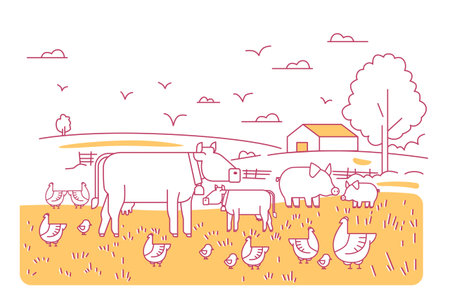 Farm animals countryside scene cows pigs chickens grazing field barn tree line art minimalistic styleのイラスト素材