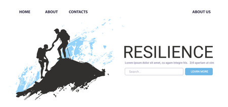 Resilience Mental Health Concept two climbers helping each other on a mountain peak blue abstract background website design landing page templateのイラスト素材