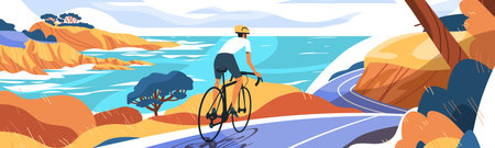 Cyclist on coastal road vibrant landscape scene. Person biking on winding path overlooking ocean cliffs blue waters colorful hills treesのイラスト素材