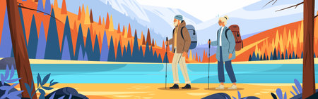 Hikers trekking scenic mountain landscape autumn forest lake. Two people with backpacks and hiking poles walking along a serene water body surrounded by colorful trees and mountains. Nature adventure conceptのイラスト素材