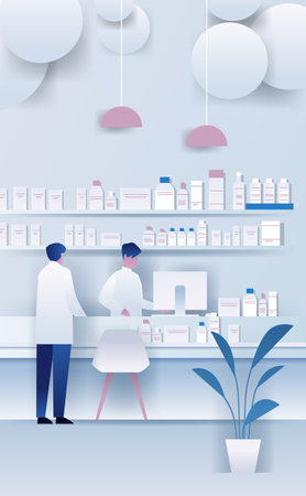 Pharmacy interior with pharmacists working at counter shelves medical supplies modern design paper cut styleのイラスト素材