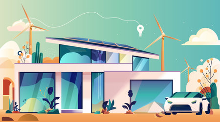 Eco-friendly house with solar panels and wind turbines sustainable living concept modern home with electric car green energy landscapeのイラスト素材