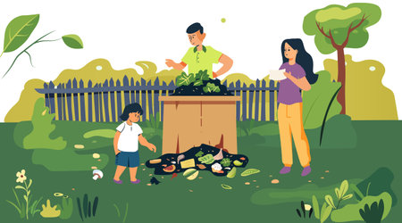 Family composting in backyard garden sustainability eco-friendly lifestyle green environmentのイラスト素材