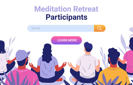 Meditation retreat participants sitting in lotus position diverse group meditating plants around colorful design website bannerのイラスト素材