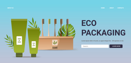 Eco packaging concept with green tubes and bamboo toothbrushes in a box surrounded by leaves on a blue gradient background website designのイラスト素材