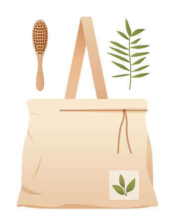 Eco-friendly tote bag with wooden brush and green leaf Minimalistic design promoting sustainable lifestyle Beige bag with plant illustration on pocketのイラスト素材