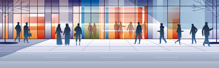 City street pedestrians urban scene modern architecture silhouettes colorful glass building trees sidewalkのイラスト素材