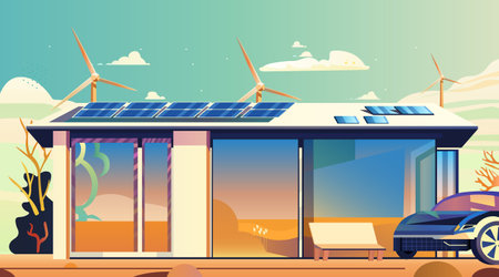 Eco-friendly house with solar panels and wind turbines sustainable energy modern home with electric car renewable resources colorful landscapeのイラスト素材