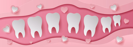 Teeth and hearts paper cut style illustration pink background dental theme white teeth and hearts scattered abstract wavy layersのイラスト素材