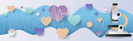 Medical research concept with microscope heart shapes and ECG lines in paper cut style blue and...
