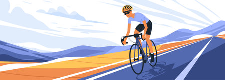 Cyclist riding on open road with mountains in the background wearing helmet and sunglasses bright colors dynamic skyのイラスト素材