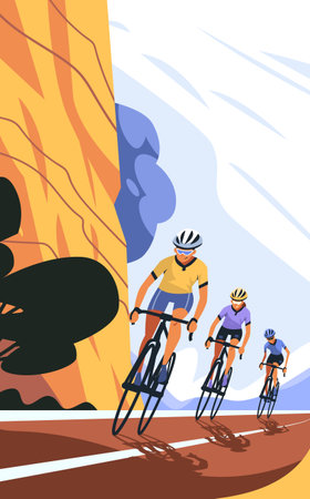 Cyclists riding on a scenic road with mountains trees and sky in the background sports activity healthy lifestyle vibrant colorsのイラスト素材