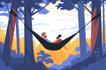 Man relaxing in hammock reading book in forest peaceful outdoor scene with trees and foliage colorful landscapeのイラスト素材