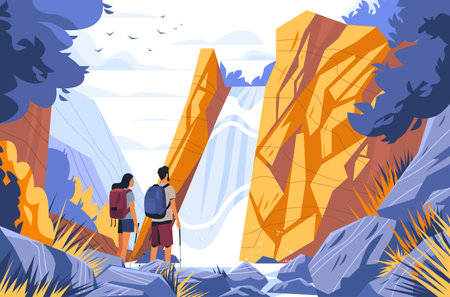 Hikers exploring waterfall scenic nature landscape adventure outdoors vibrant colors trees rocks mountains website bannerのイラスト素材