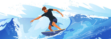 Surfer riding a large wave in the ocean dynamic action water sport summer adventure concept vibrant colorsのイラスト素材
