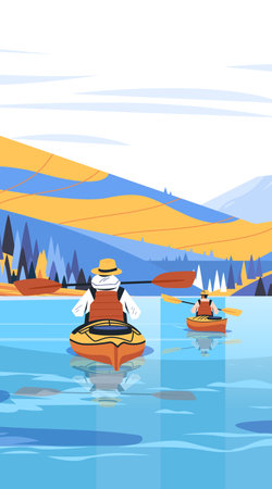 Kayakers on a calm lake with mountains and trees in the background outdoor adventure nature landscapeのイラスト素材