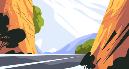 Mountain road between cliffs and trees with blue sky and clouds landscapeのイラスト素材