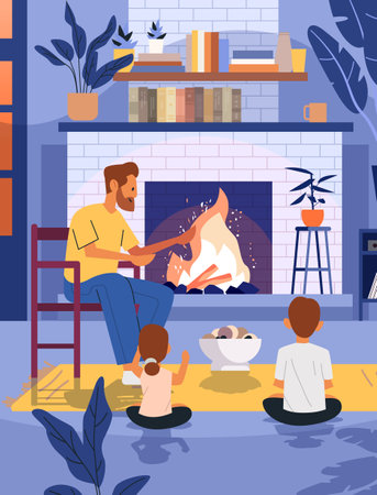 Family by fireplace cozy home scene Father reading story to children warm atmosphere living room books plants modern interior designのイラスト素材
