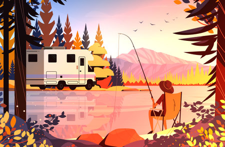Camping RV fishing lake autumn landscape nature adventure recreational outdoor activity colorful sunset scenery mountains treesのイラスト素材
