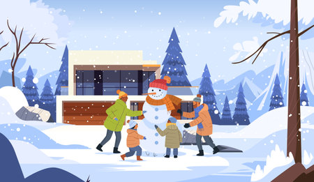 Family building snowman in snowy winter landscape with modern house pine trees mountains snowflakesのイラスト素材