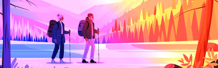 Hikers with backpacks walking in colorful mountain landscape vibrant forest sunset scene outdoor adventureのイラスト素材