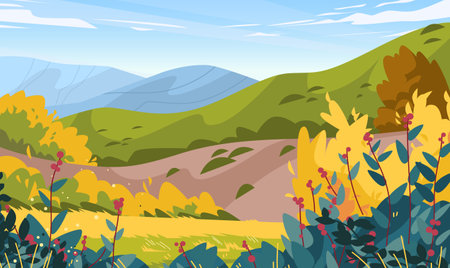 Colorful landscape with rolling hills green foliage and flowering plants in the foreground vibrant nature sceneのイラスト素材