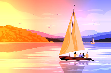Sailing boat with people on calm water during sunset with colorful sky and distant hills serene landscapeのイラスト素材