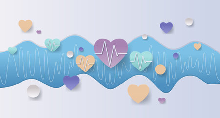 Heart health concept with colorful hearts and heartbeats on a blue wave background paper cut styleのイラスト素材