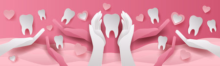 Dental care concept hands holding teeth hearts pink background paper cut styleのイラスト素材