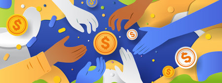 Hands reaching for coins teamwork collaboration colorful abstract background paper cut styleのイラスト素材