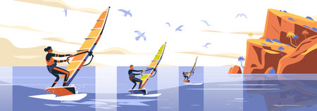 Windsurfers on ocean near cliffs with palm trees and seagulls in sky water sports adventure landscapeのイラスト素材