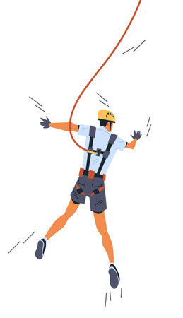 Person bungee jumping wearing safety harness helmet and gloves. Adventure extreme sports outdoor activityのイラスト素材
