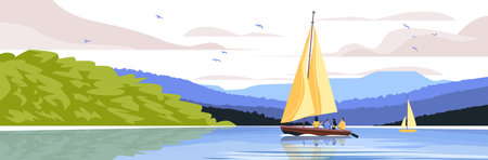 Sailboat on calm lake with people onboard surrounded by green hills and blue mountains under a cloudy sky with birds flyingのイラスト素材